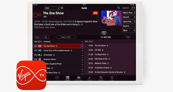 Virgin TVon a tablet with the Virgin TV Anywhere app