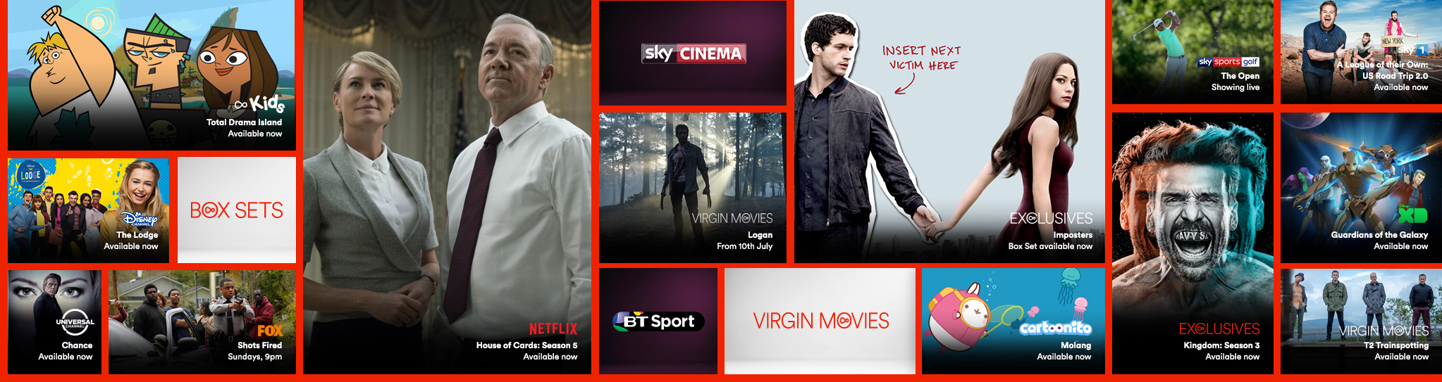 Gallery showing the live TV, catch up and on demand shows available with Big Kahuna