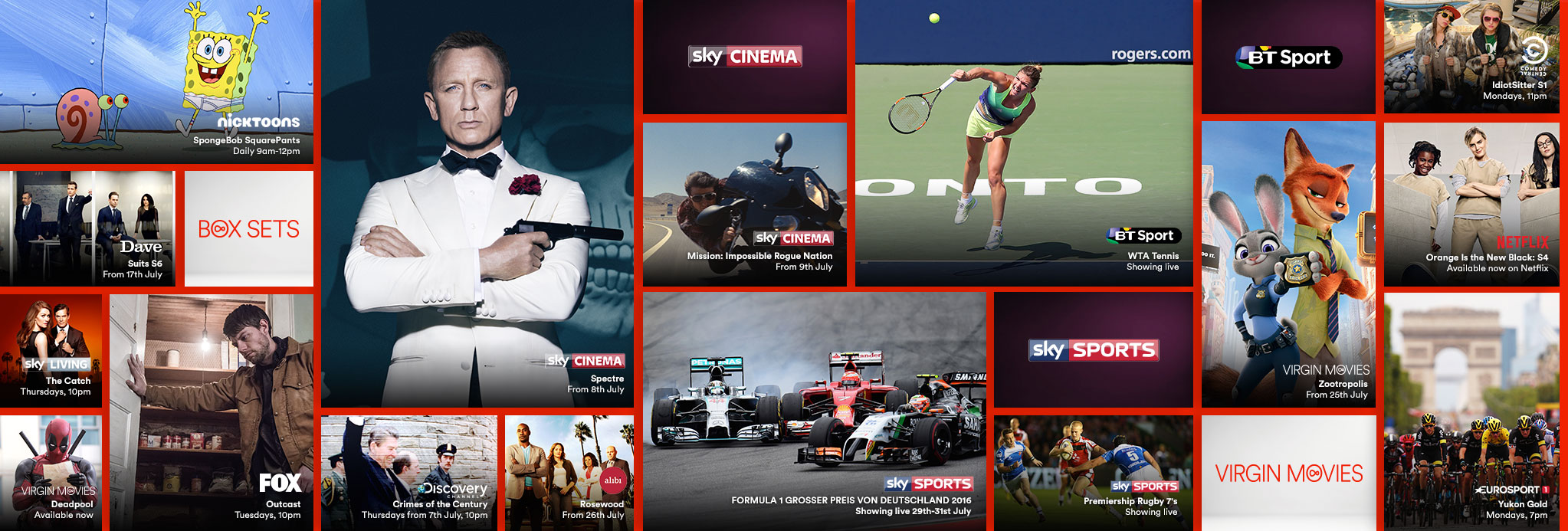 Gallery showing the live TV, catch up and on demand shows available with VIP
