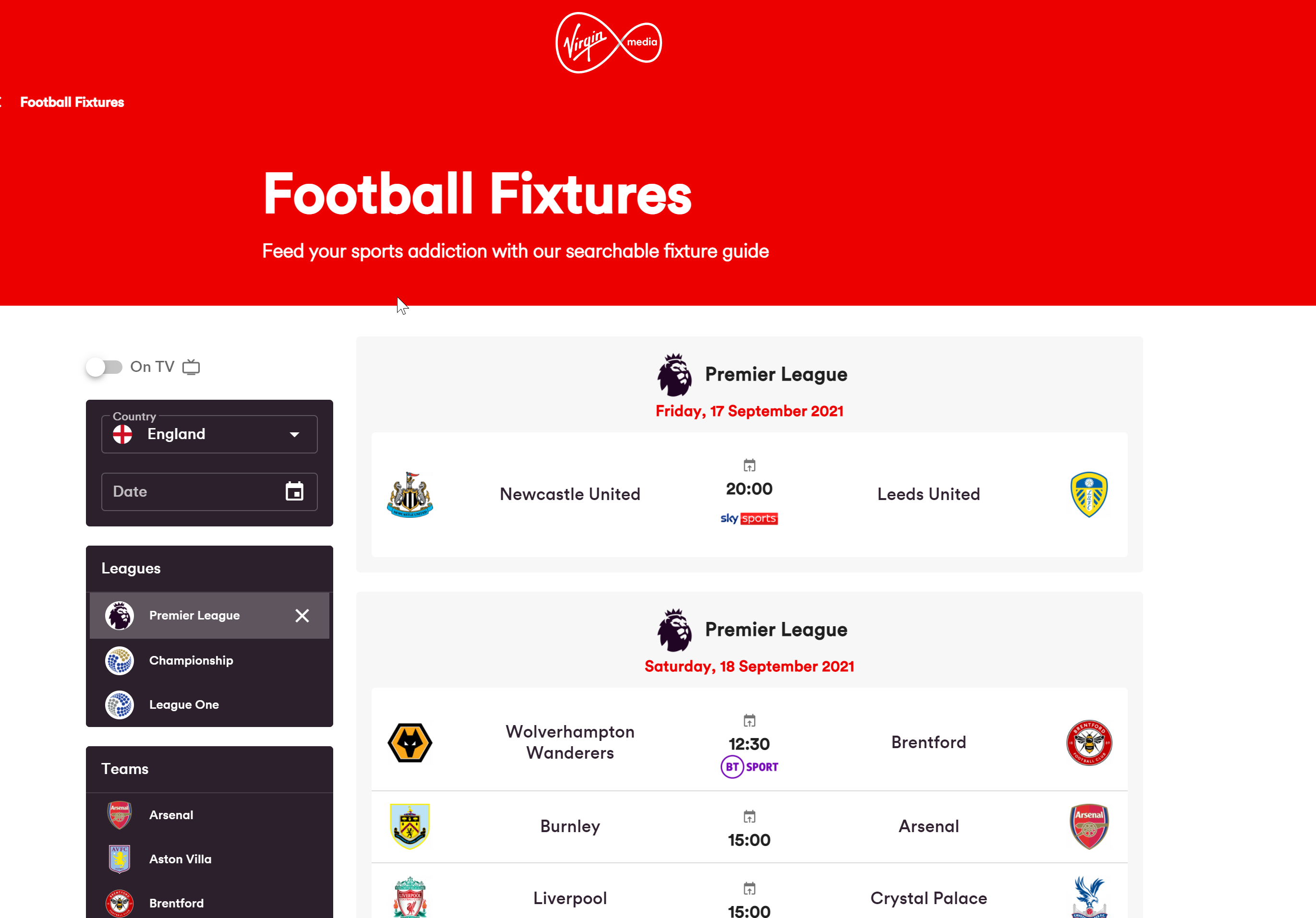 Football Fixtures Virgin Media