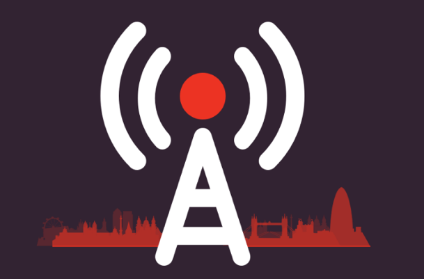 Graphic of a 4g mast with London skyline in the background