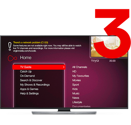 Step 3 of 3 - TV showing Virgin media restricted service message
