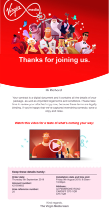 Virgin media welcome email