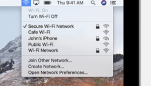 An image the WiFi drop down menu from the menu bar