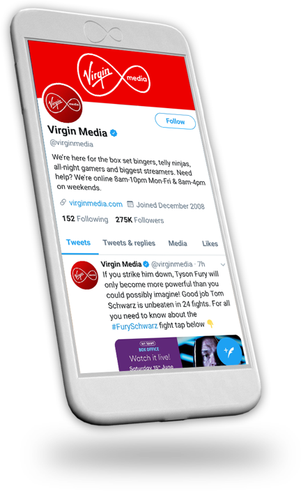 White phone displaying Virgin Media Twitter page