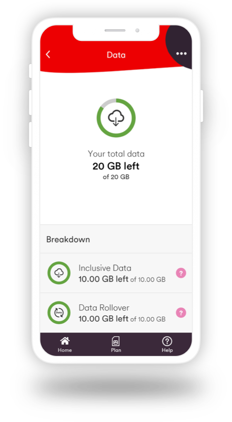 Mobile phone displaying example data breakdown on screen, including Inclusive Data (10gb) and Data Rollover (10gb)