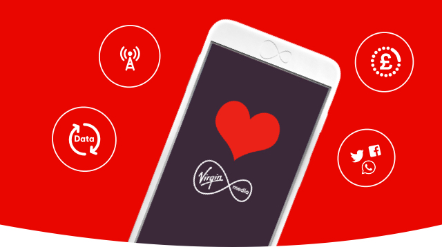 Mobile phone with a love heart and Virgin Media icon in the centre. USPs floating around the phone, including Twitter, Whatsapp and Facebook social icons, Data Rollover icon, Spending Caps icon and Telephone Mast icon