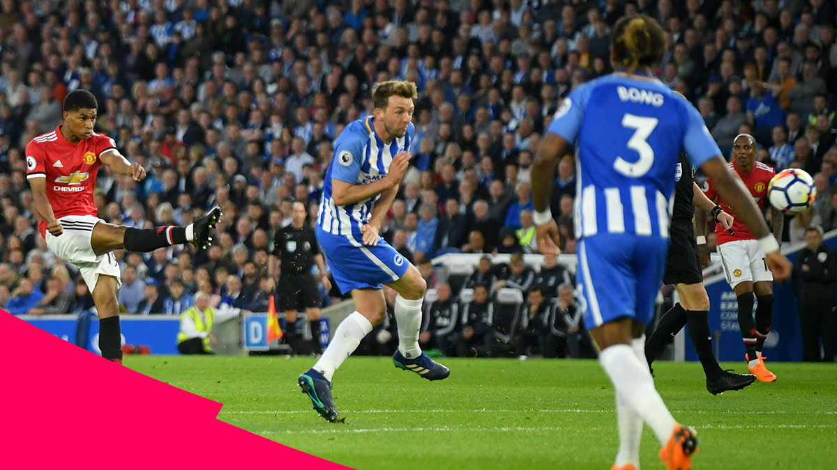 Marcus Rashford of Manchester United scoring against Brighton