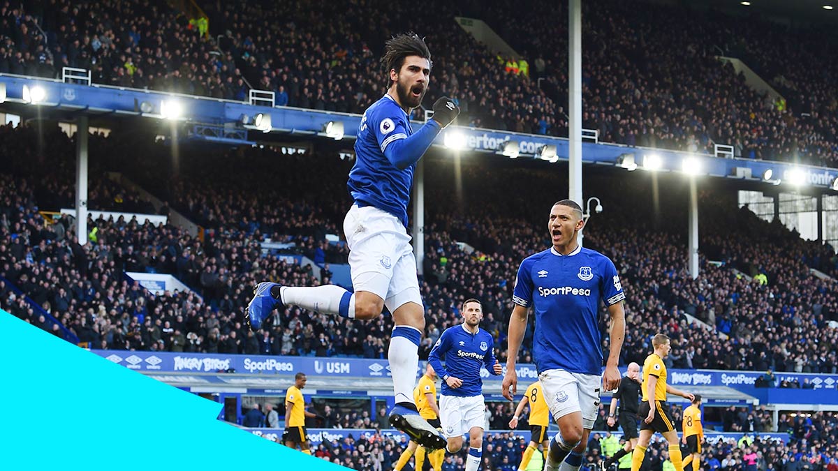 André Gomes celebrating Everton’s goal against Wolverhampton Wanderers