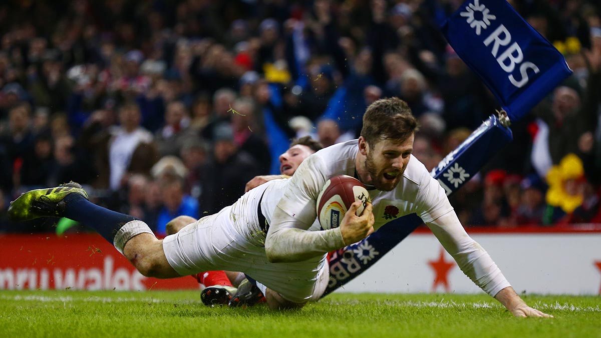 England winger Elliot Daly touching down against Wales