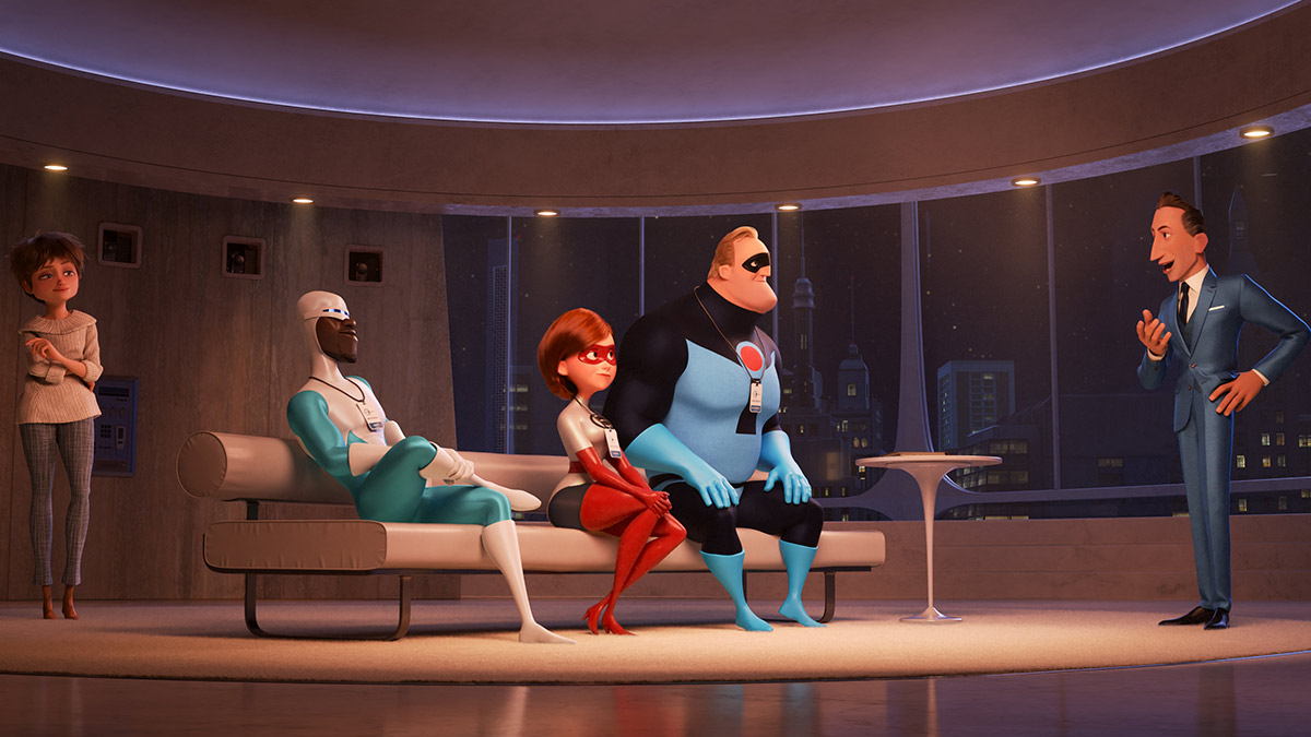 Incredibles 2 characters Evelyn Deavor, Frozone, Elastigirl, Mr Incredible and Winston Deavor