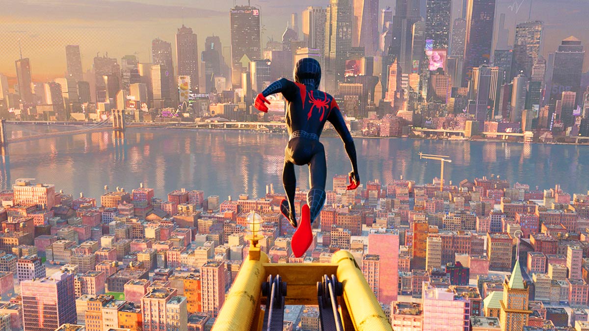 Miles Morales’ Spider-Man diving from a crane