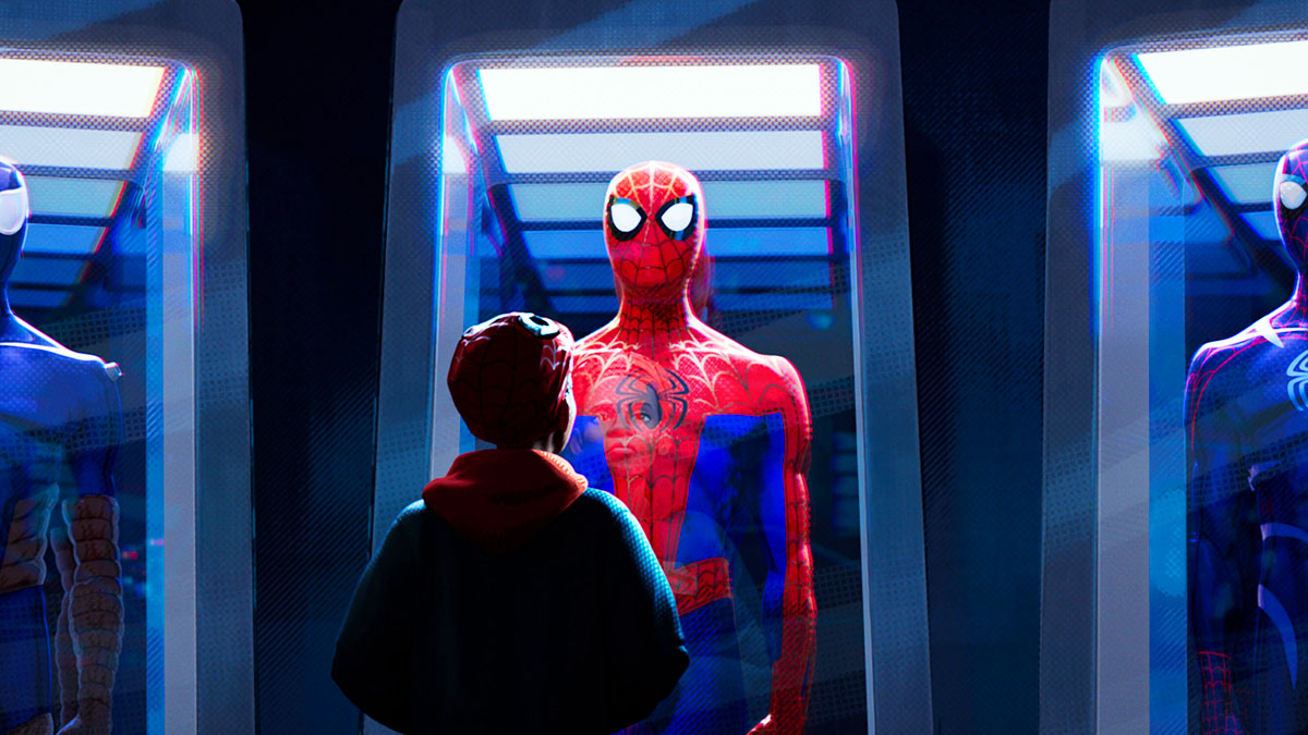 Miles Morales looking at Spider-Man costumes