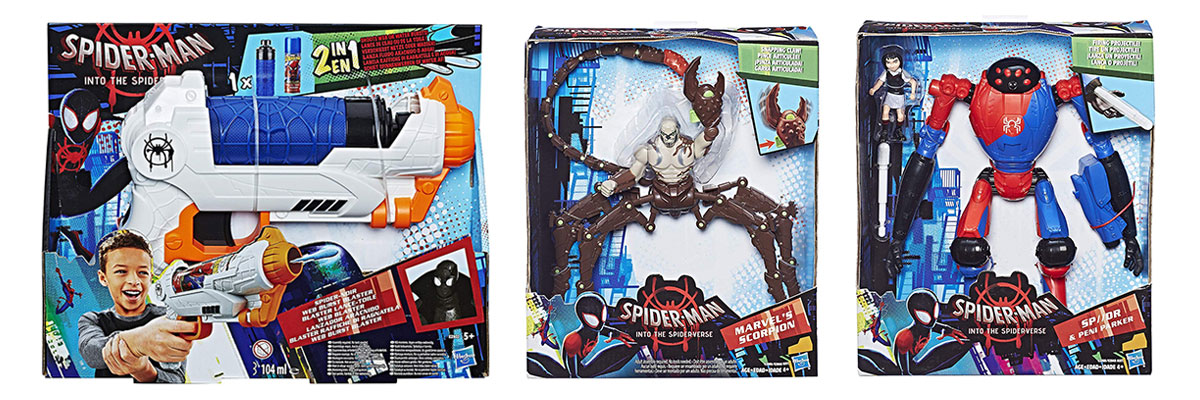 Spider-Verse Spider Noir Web Blaster, Spider-Verse Scorpion action figure, Spider-Verse SP//dr & Peni Parker action figure