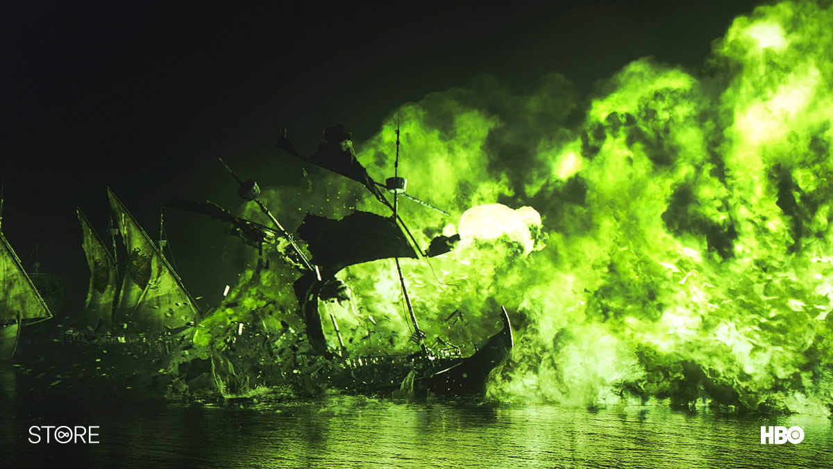 A ship burns in the Battle of Blackwater in Game Of Thrones