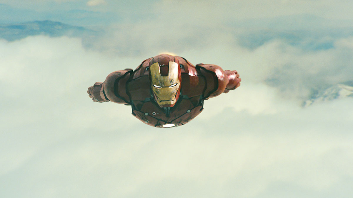 Iron Man (Robert Downey Jr) flying through the sky