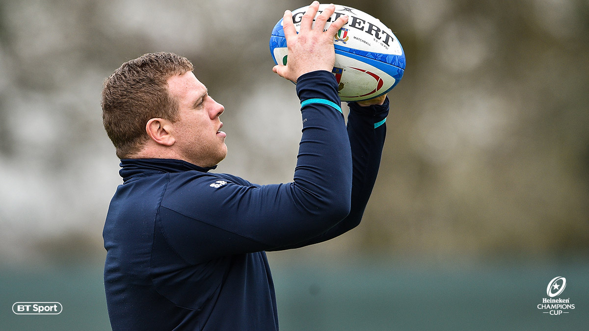 Leinster’ player Sean Cronin prepares to throw a rugby ball