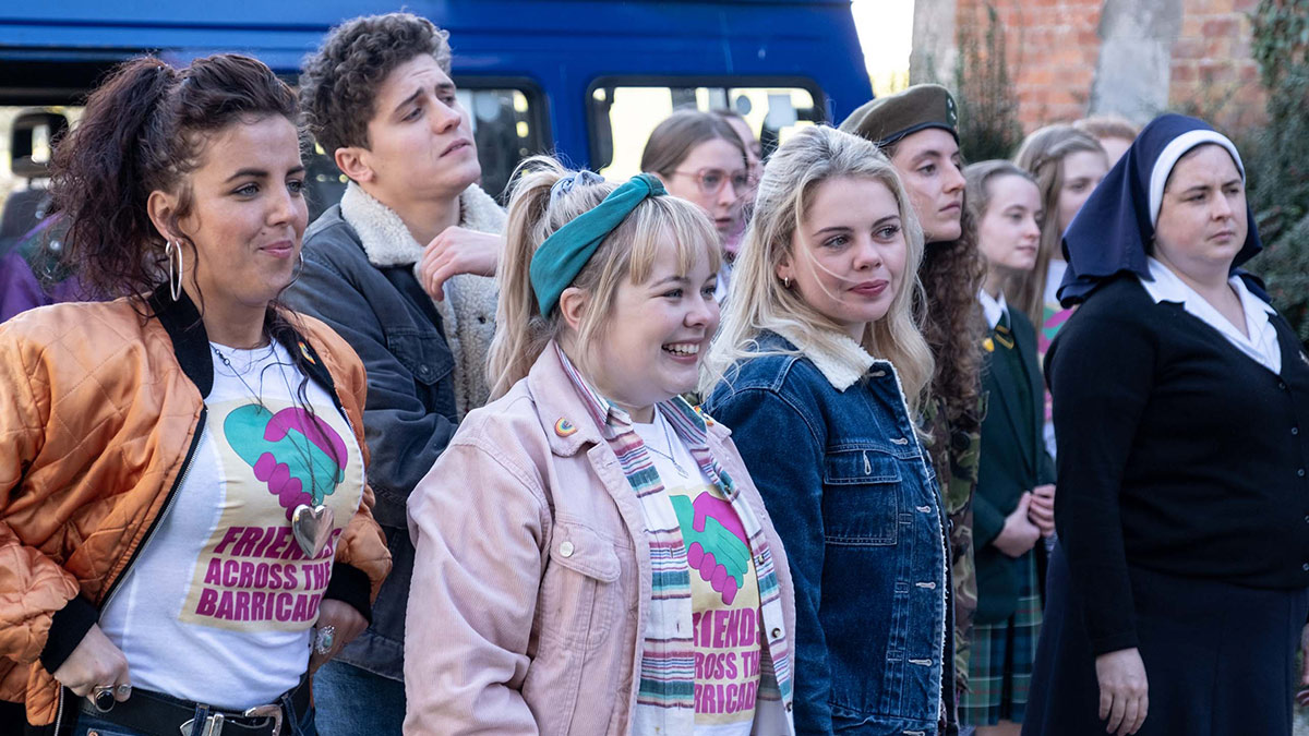 Derry Girls stars Jamie-Lee O‘Donnell, Dylan Llewellyn, Nicola Coughlan, Saoirse-Monica Jackson and Louisa Harland