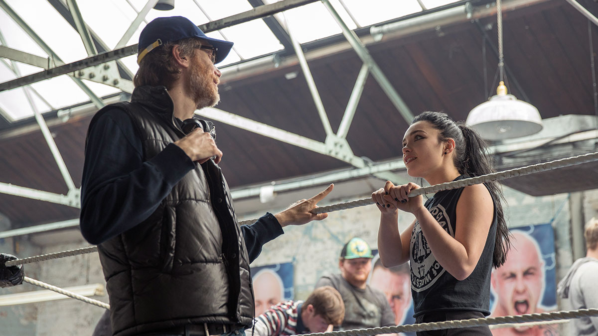 Stephen Merchant and Florence Pugh on the set of Fighting With My Family