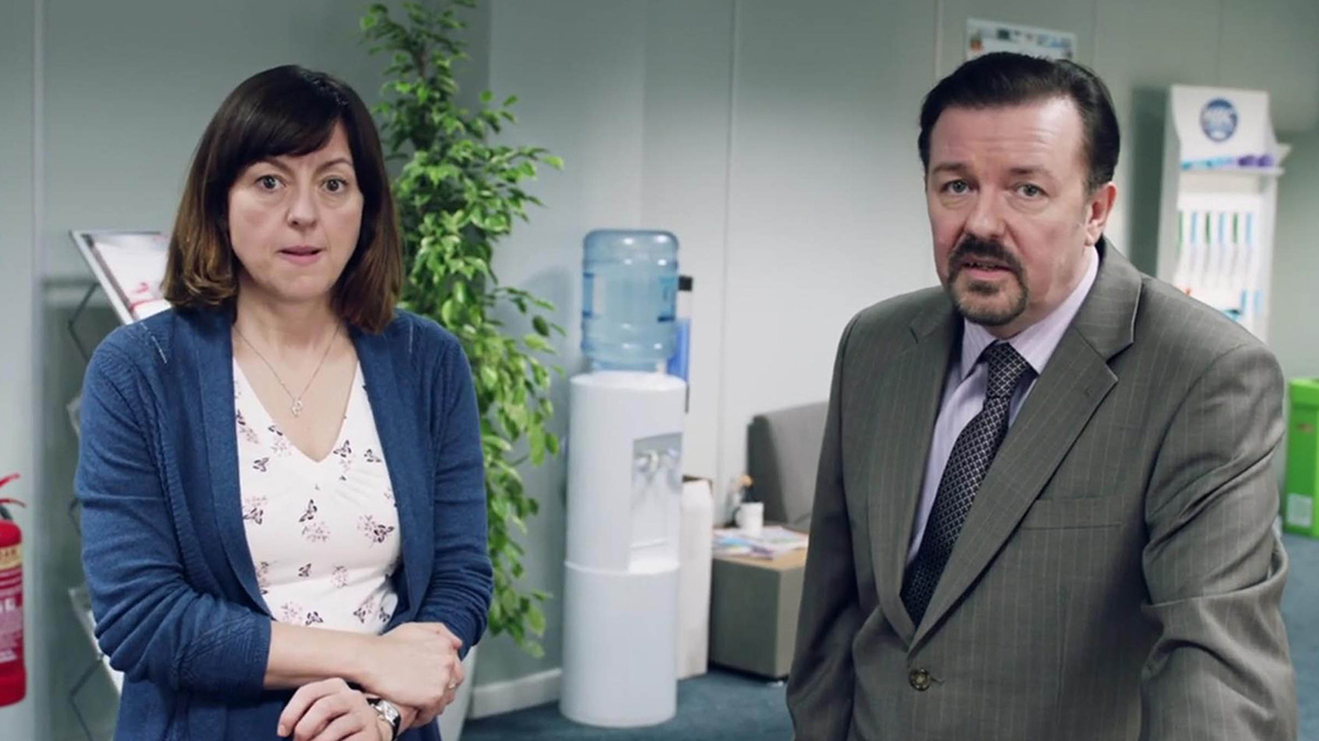 Ricky Gervais and Jo Hartley in David Brent: Life On The Road