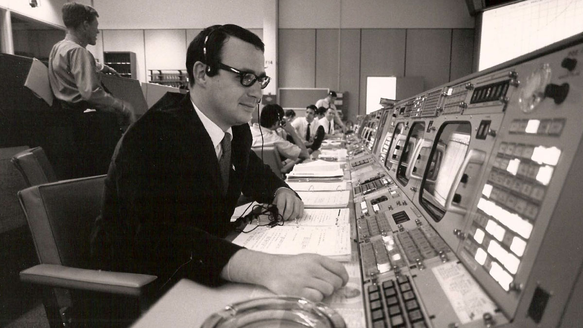 Steve Bales, guidance officer for Apollo 11, at mission control in 1969