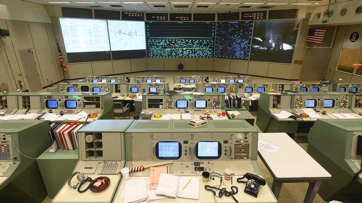 The Apollo mission control room at NASA’s Johnson Space Center in Houston, Texas