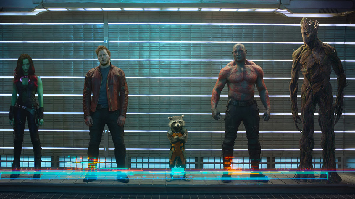 Gamora, Star-Lord, Rocket Raccoon, Drax and Groot in Guardians Of The Galaxy