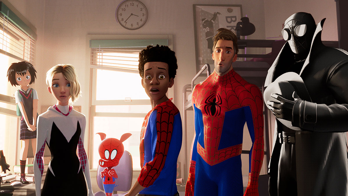 Peni Parker, Spider-Woman, Spider-Ham, Miles Morales, Spider-Man and Spider-Man Noir in Spider-Man: Into The Spider-Verse