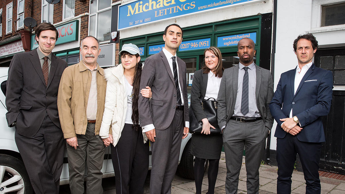 Jamie Demetriou and the cast of Stath Lets Flat series 2 on Channel 4