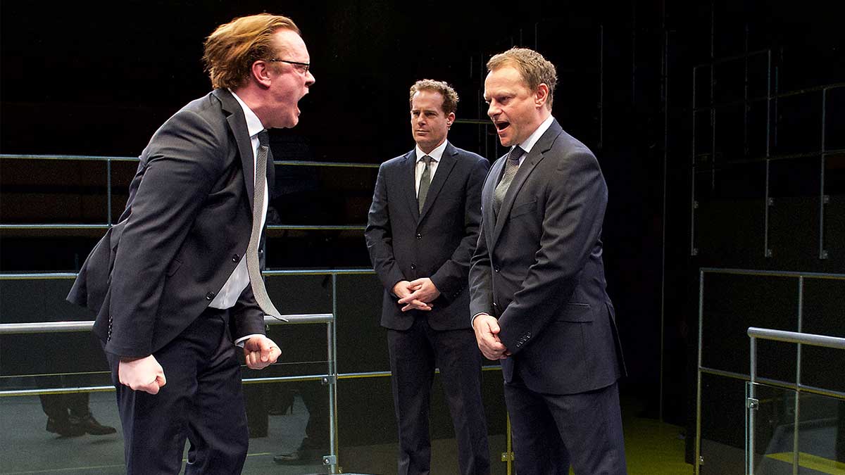 Sam Troughton, Adam James, Neil Stuke in Mike Bartlett’s stage play Bull