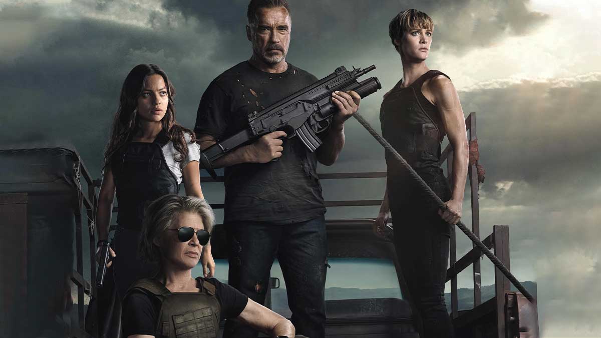 Natalia Reyes, Linda Hamilton, Arnold Schwarzenegger and Mackenzie Davis in Terminator: Dark Fate