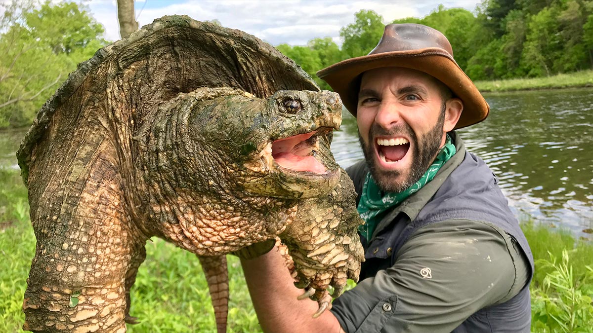 Coyote Peterson with a big turtle