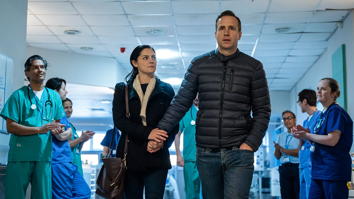 Rafe Spall and Annabel Scholey as Detective Sergeant Nick Bailey and his wife Sarah in BBC One's The Salisbury Poisonings