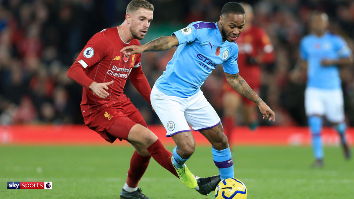 Liverpool's Jordan Henderson battling against Man City's Raheem Sterling in the Premier League