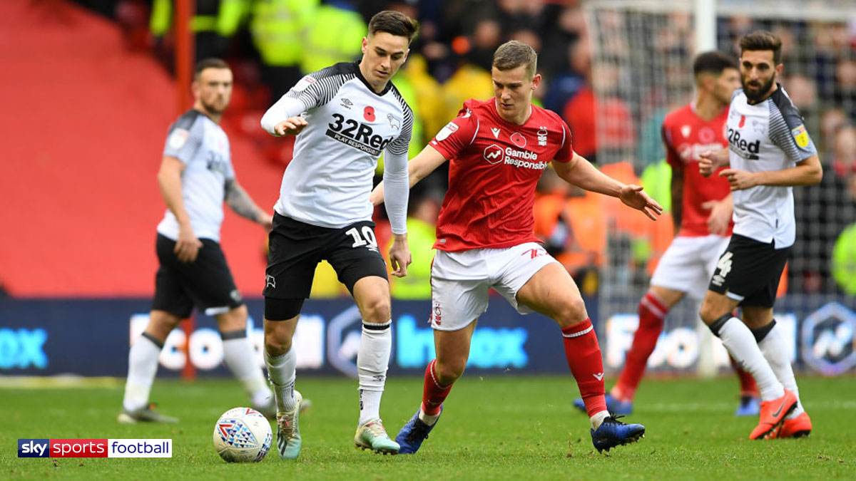 Derby County taking on Nottingham Forest at the City Ground in the Sky Bet Championship