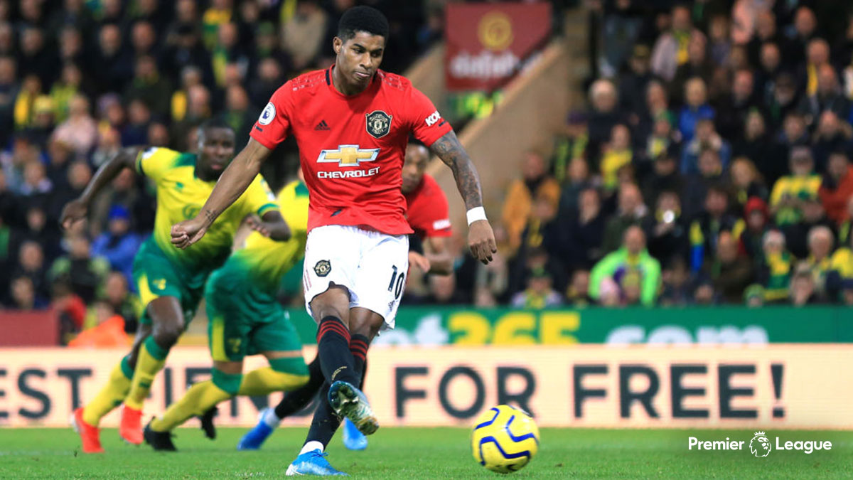 Marcus Rashford playing for Manchester United against Norwich City in the Premier League