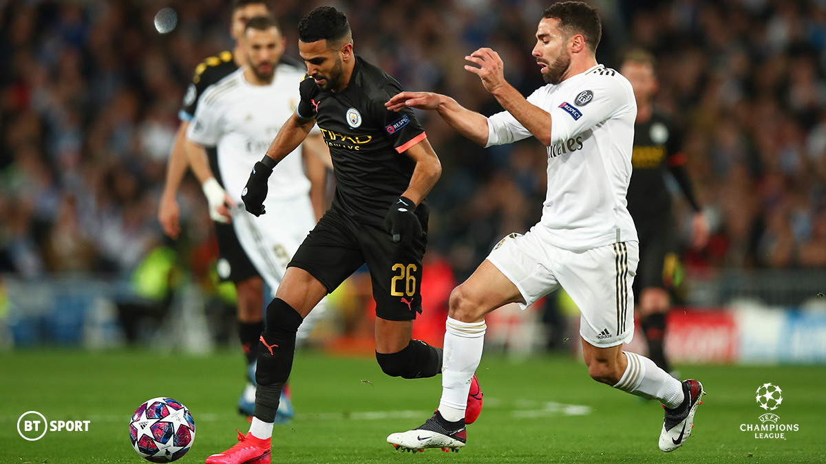 Manchester City’s Riyad Mahrez runs at the Real Madrid defence in the UEFA Champions League