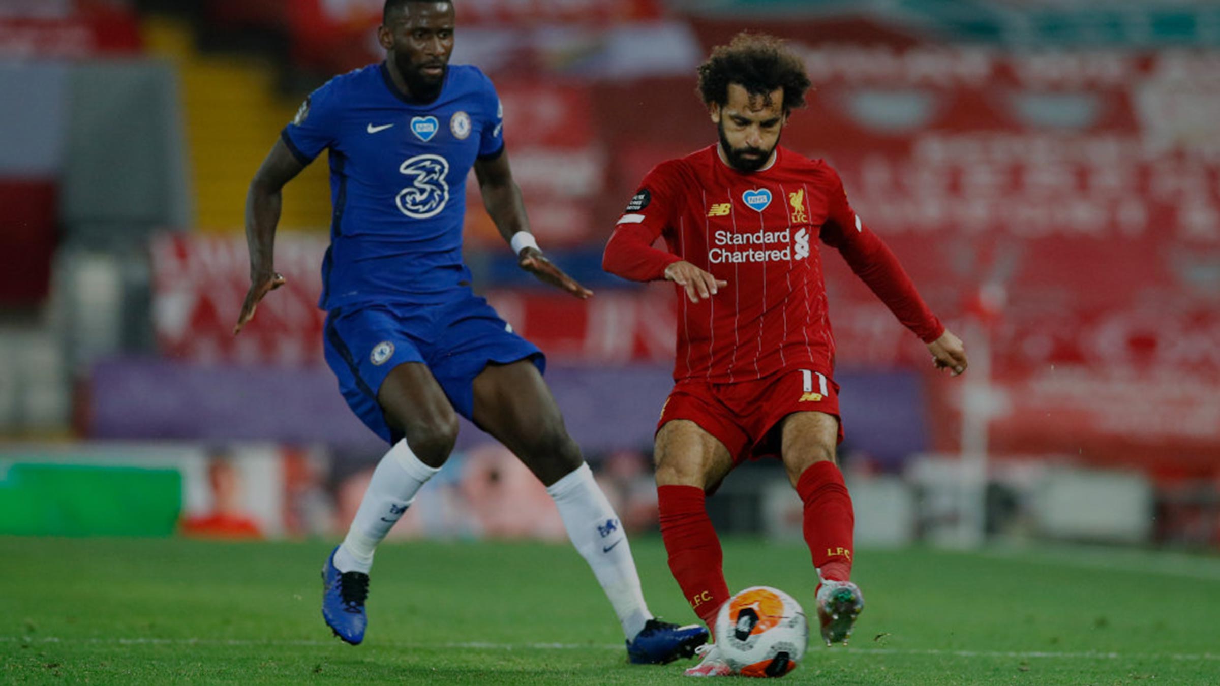 Liverpool’s Mohamed Salah taking on Chelsea’s Tiémoué Bakayoko in the Premier League