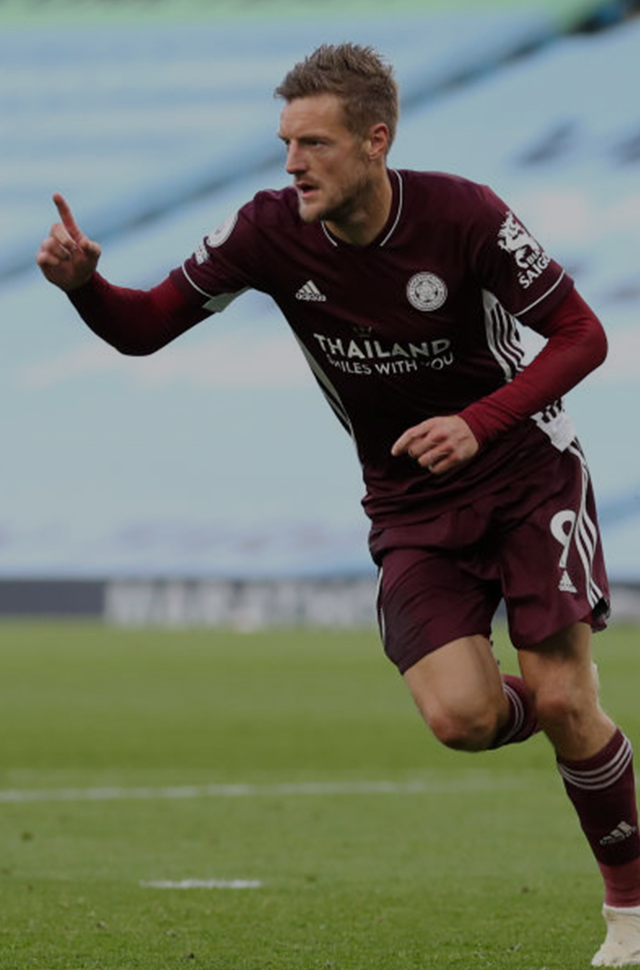 Leicester City striker Jamie Vardy after scoring against Manchester City in the Premier League