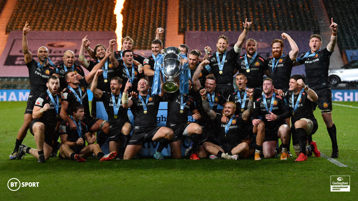 Exeter Chiefs celebrating after beating Wasps in the 2019-20 Premiership Rugby Final.
