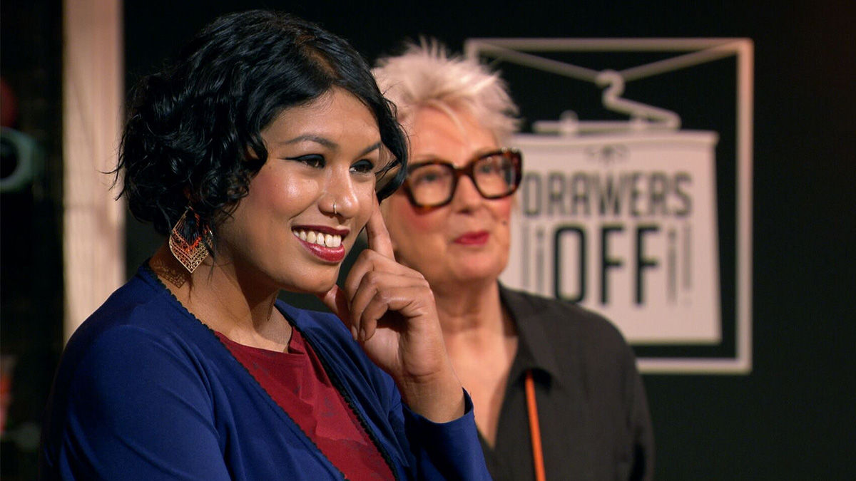 Mentor Diana Ali and host Jenny Eclair on the set of Drawers Off on Channel 4