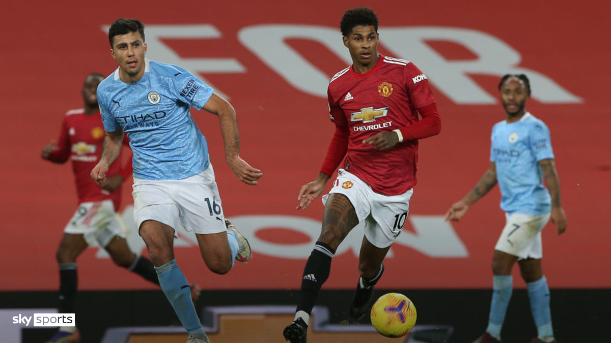 Rodri of Manchester City and Marcus Rashford of Manchester Utd on BT Sport