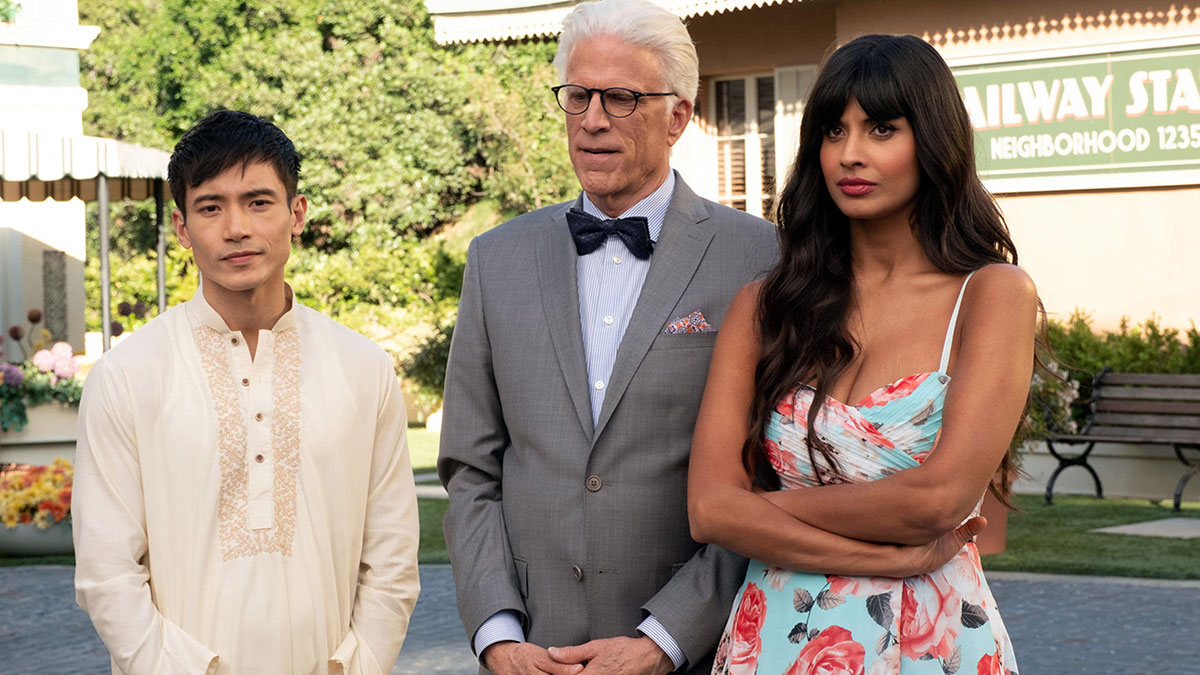 Manny Jacinto, Ted Danson and Jameela Jamil in The Good Place
