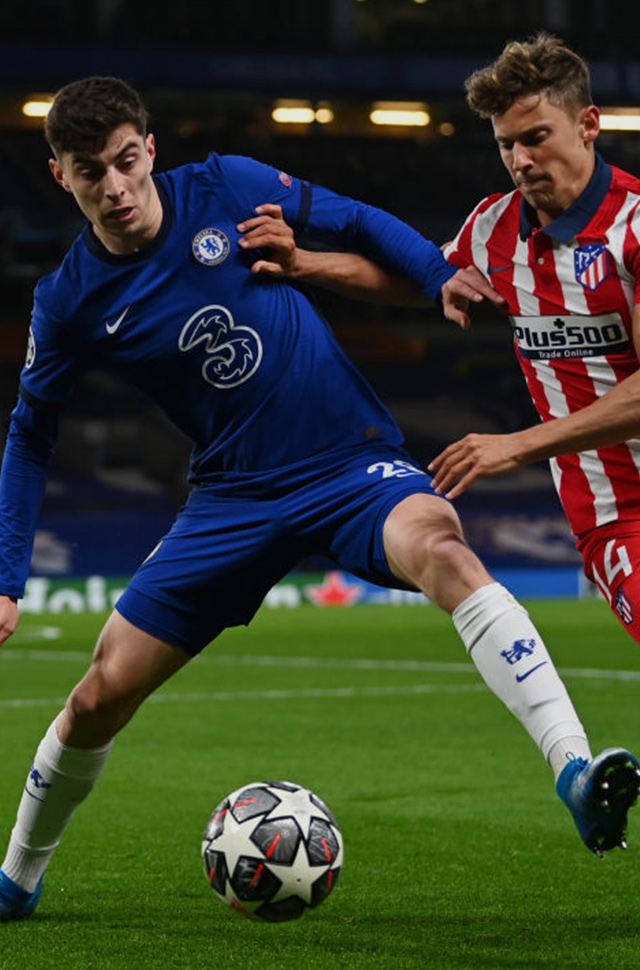 Chelsea’s Kai Havertz taking on Atlético Madrid’s Marcos Llorente in the UEFA Champions League last 16