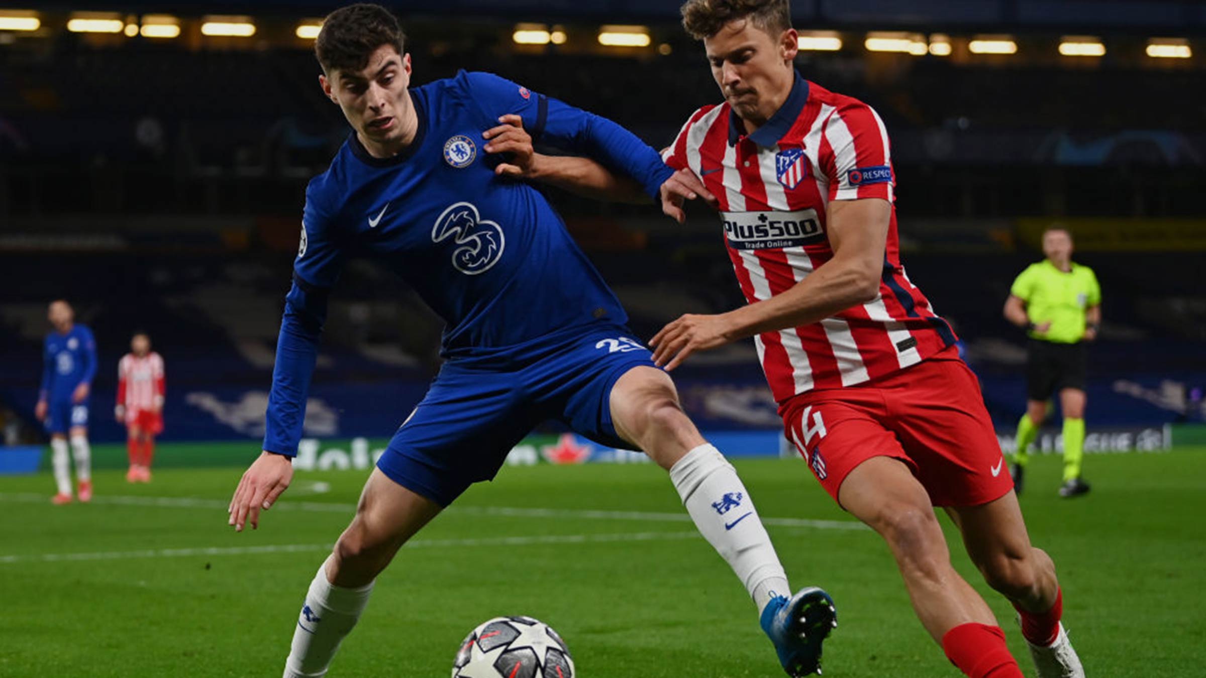 Chelsea’s Kai Havertz taking on Atlético Madrid’s Marcos Llorente in the UEFA Champions League last 16