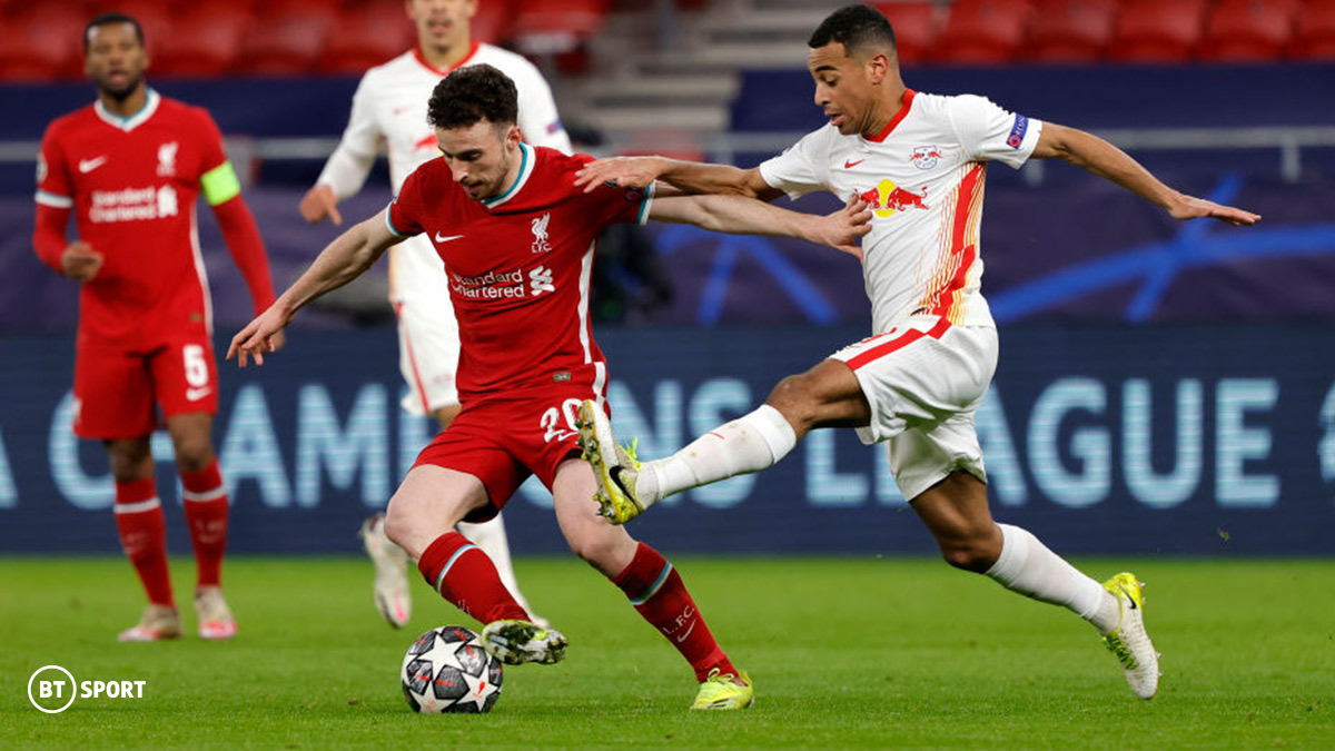 Liverpool’s Diogo Jota taking on Red Bull Leipzig in the UEFA Champions League last 16