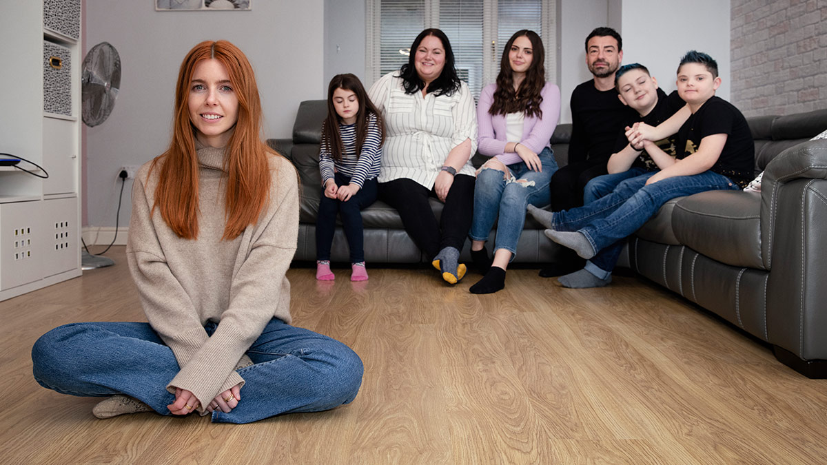 Stacey Dooley with the Living With Down’s Syndrome family in series 2 of Stacey Dooley Sleeps Over