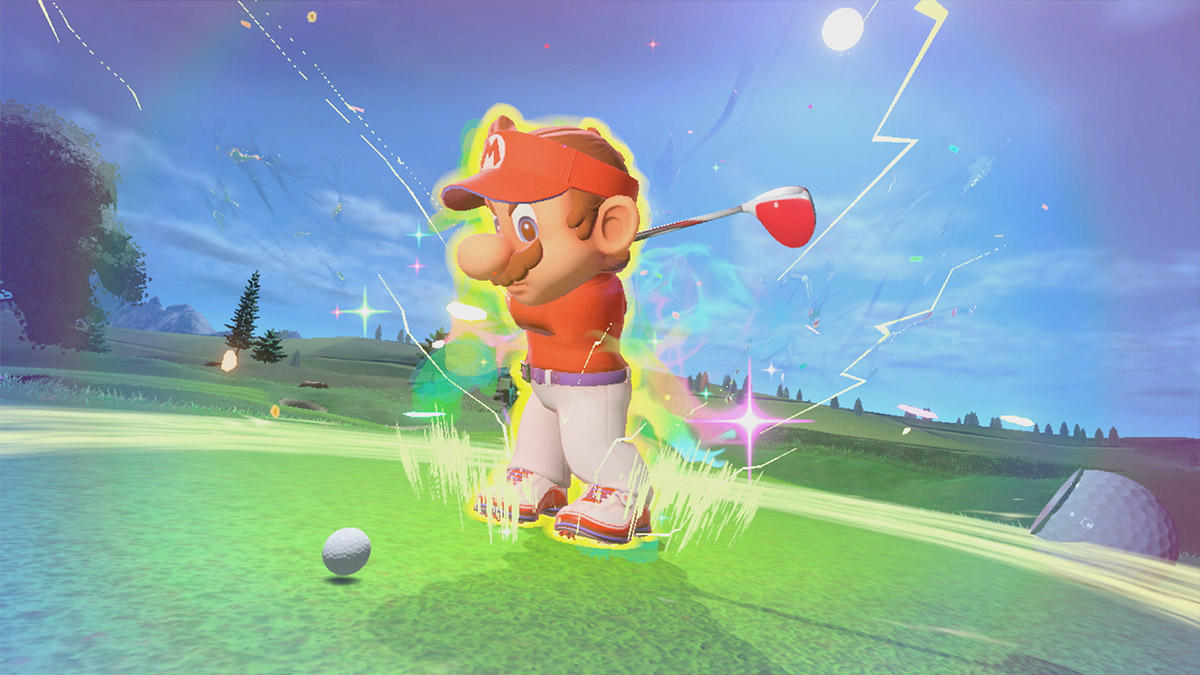Mario takes a swing in Mario Golf: Super Rush