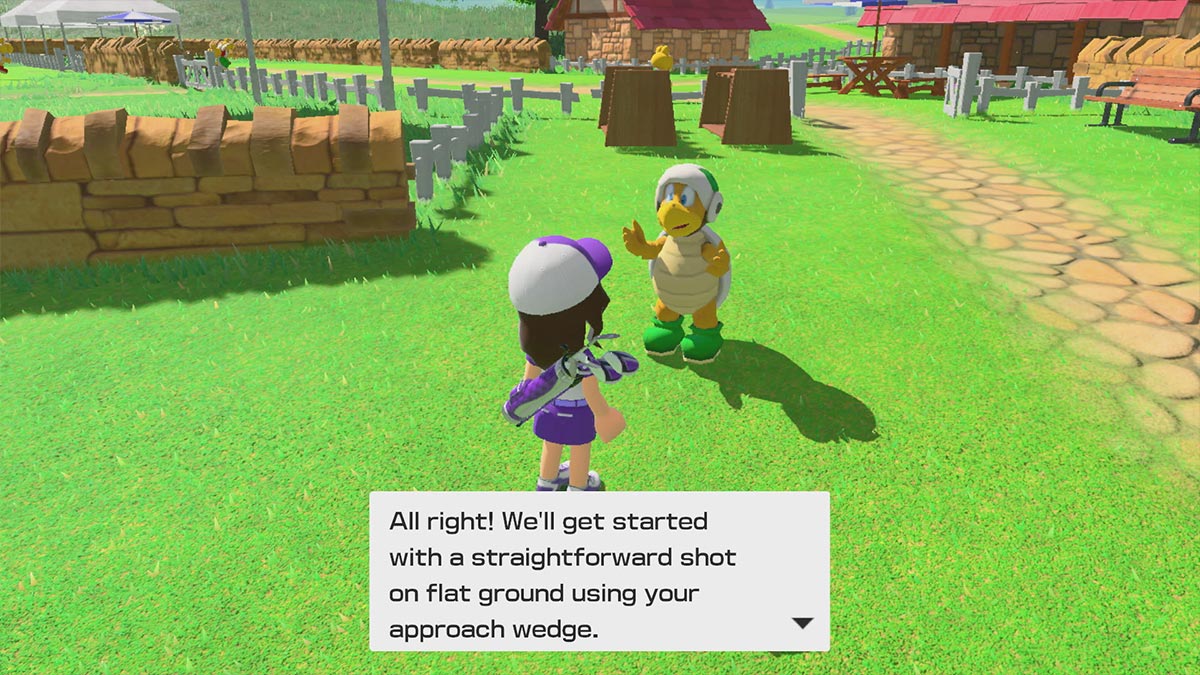 A Koopa Troopa speaks to a Mii character in Mario Golf: Super Rush