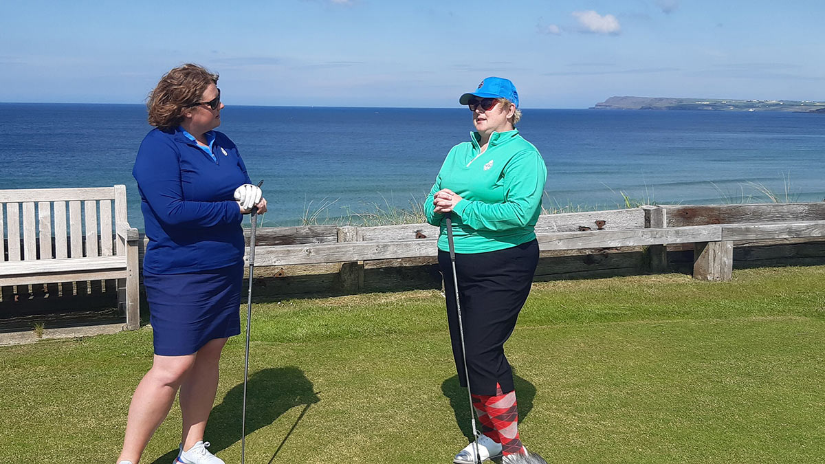 Siobhan McSweeney plays golf in Exploring Northern Ireland